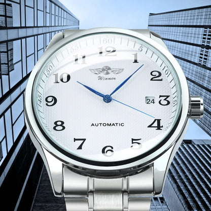 Klassiek herenhorloge – Retrostijl met datumweergave en blauwe wijzers, automatisch mechanisch uurwerk, prestigieus merk, stalen kast en leren band