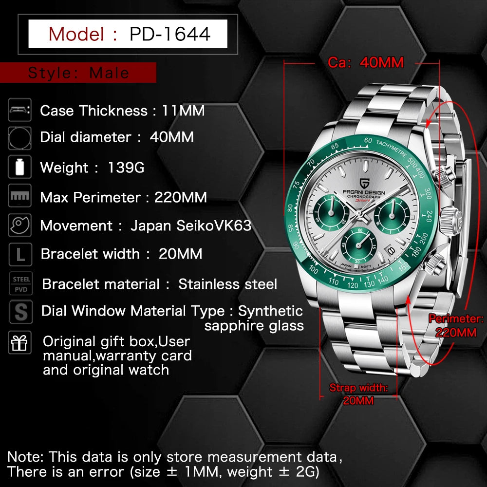 2025 PAGANI DESIGN  New PD1644 Meteorite Dial Fashion Men Quartz Wristwatches 100M Sapphire Glass Chronograph relogio masculin
