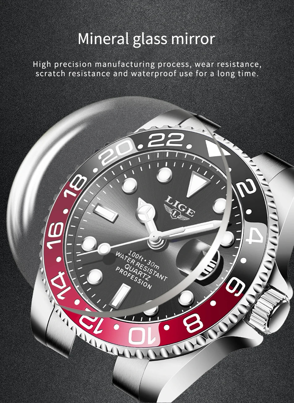 LIGE Fashion Business Watch Men 3ATM Waterproof Luminous Wristwatch Men Clock Top Brand Luxury Sports Quartz Diving Chronograph