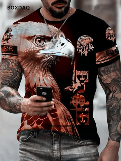 Fashion Eagle Herren-T-Shirts, locker, Rundhalsausschnitt, lässige Oberteile, Kurzarm, 3D-Tierprint, Street-T-Shirt, 6XL Übergröße, atmungsaktives Tee