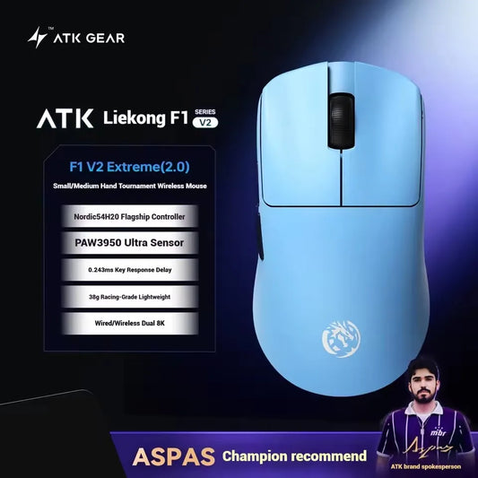 ATK Blazing Sky F1 V2 Ultra Max brezžična igralna miška z dvojnim načinom, lahka, PAW3950Ultra, dvojni 8K, nizka zakasnitev, ergonomska, Extreme