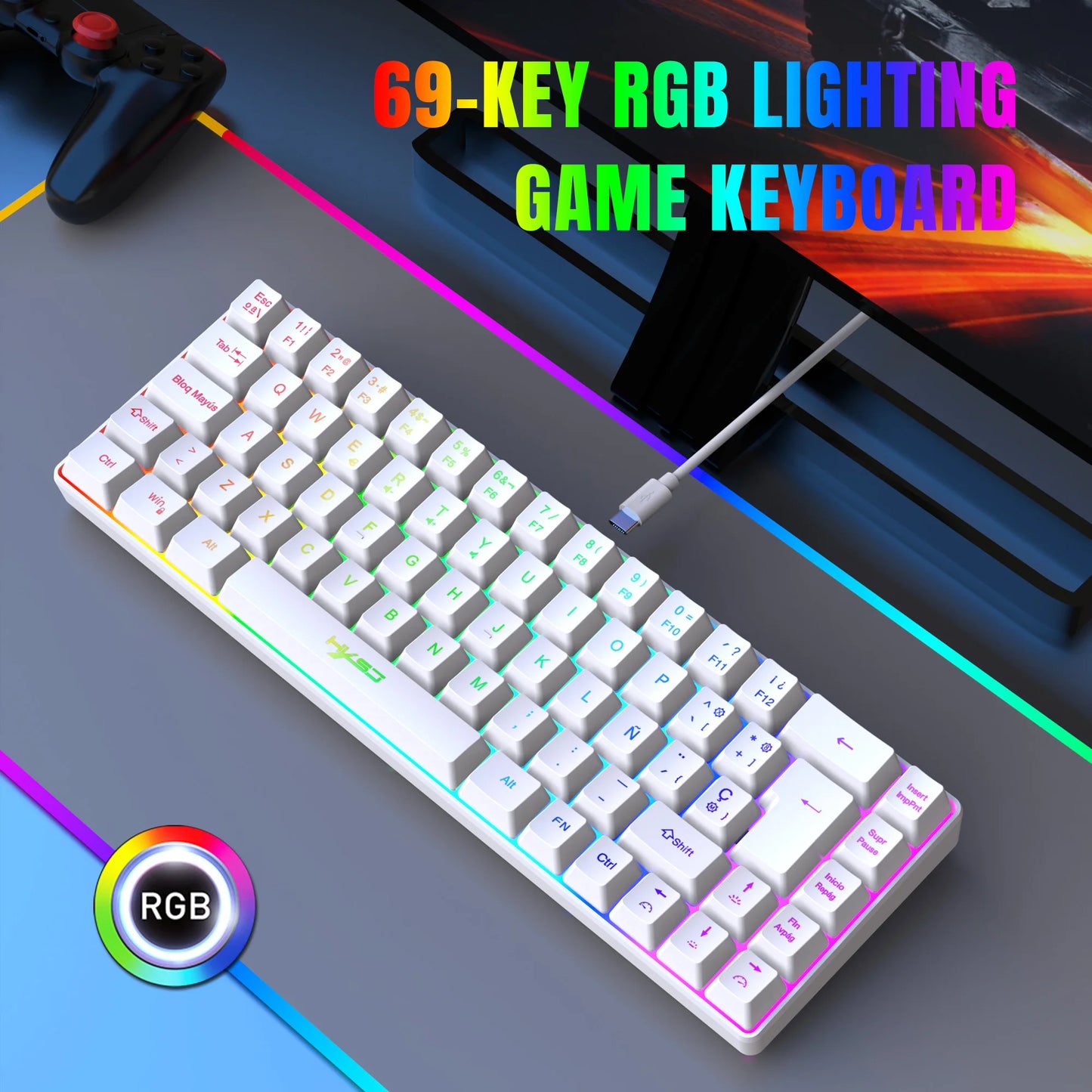 Offerta imperdibile! Tastiera gaming cablata spagnola a 69 tasti con retroilluminazione RGB, design compatto 68%, un accessorio indispensabile per professionisti e gamer
