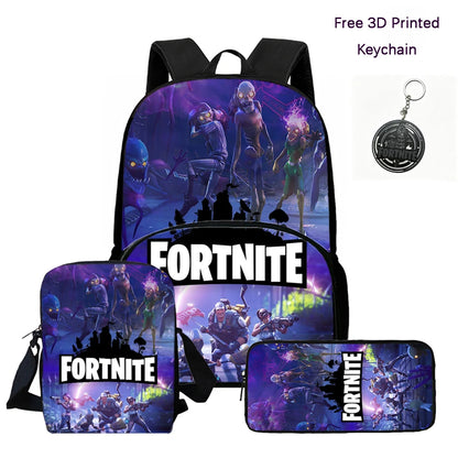 FORTNITE 3Pcs Lightweight Backpack With Front Pocket,Crossbody Bag&Pencil Case For Age 6-10 Boys Girls,Free 3D Printed Keychain
