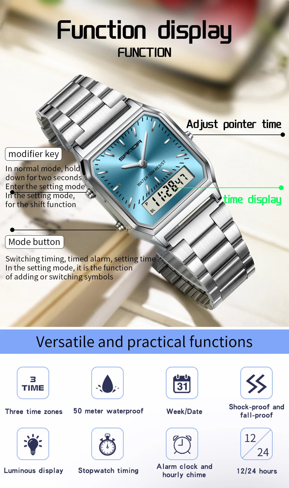 SANDA 747 Men’s & Women’s Luxury Digital Sports Watch  Stainless Steel, LED Dual Display & Waterproof