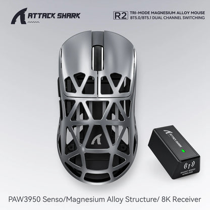 Attack Shark R2 Gaming Wireless Mouse PAW3950 8K Magnesium Alloy Lightweight Gaming Mouse Bluetooth Tri-Mode for Gaming/Office
