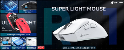 Ratón gaming trimodo ATTACK SHARK R1, sensor PixArt PAW3311, 18000 DPI, 1000hz, ultraligero de 59g para manos grandes, para PC/Mac