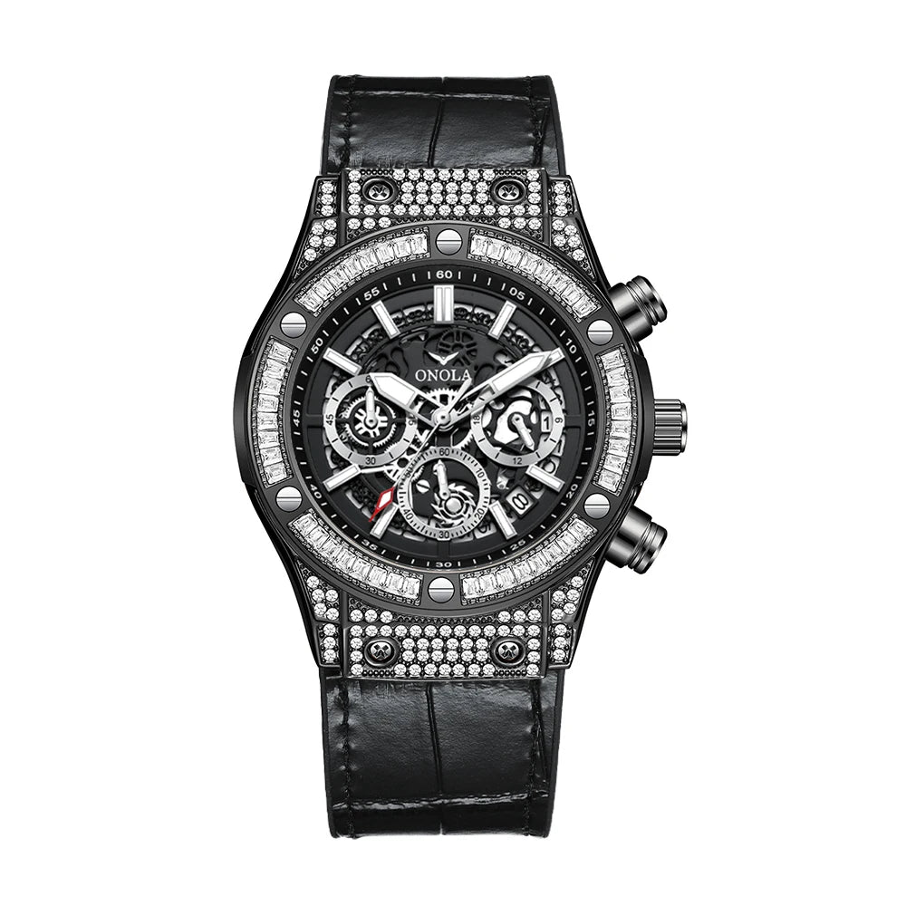 ONOLA Luxury Style Diamond Inlaid Men Quartz Watch Leather Strap Calendar Men Watch 30M Waterproof Men Clock