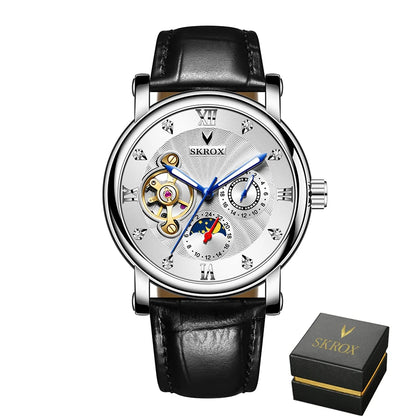 Luksusowy męski zegarek mechaniczny z automatycznym naciągiem, sygnowany przez renomowaną markę, wyposażony w tourbillon, wskaźnik faz księżyca i diamenty – elegancki zegarek na rękę.