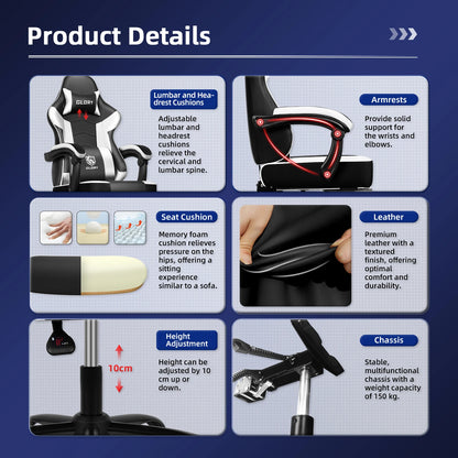AUTHMIC Ergonomic Gaming Chair High Back Reclining Office Chair with Adjustable Lumbar Support, Headrest, Footrest & PC Gamer Seat