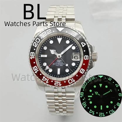 BLIGER 40mm 515 24H GMT Men's Watch Stainless Steel Clasp Luminous Quartz Movement Ceramic Bezel 10Bar Waterproof Sapphire Glass
