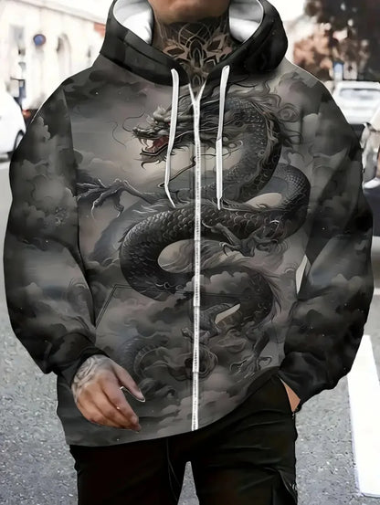 Herren-Kapuzenhoodie mit Drachenprint und Reißverschluss, für Outdoor-Aktivitäten und Reisen, mit Kordelzug, langärmelig, Herbst/Winter, Oversize-Sweatshirt für Männer