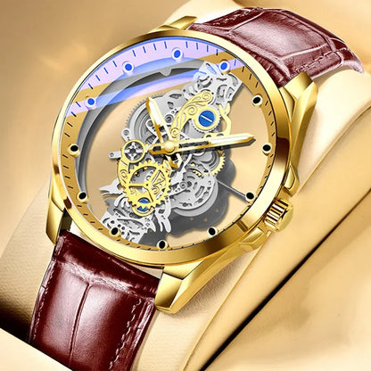 Montre tendance pour homme, modèle à double ouverture, style luxe doré, imitation tourbillon mécanique, mouvement à quartz.