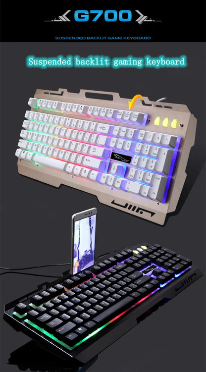 USB Keyboard G700 Waterproof business personality mechanical feel metal glow mobile phone stand gaming keyboard