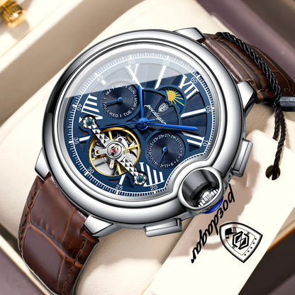 Orologio di lusso da uomo POEDAGAR – Modello meccanico a carica automatica con datario e indicatore del giorno, cinturino in pelle, tourbillon, impermeabile, stile elegante e professionale.