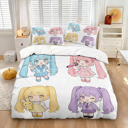 Komplet posteljnine Hatsune Miku v slogu chibi – simpatična anime posteljnina z vzglavniki za igralno sobo, dekoracija za otroško in najstniško spalnico, darilo za oboževalce