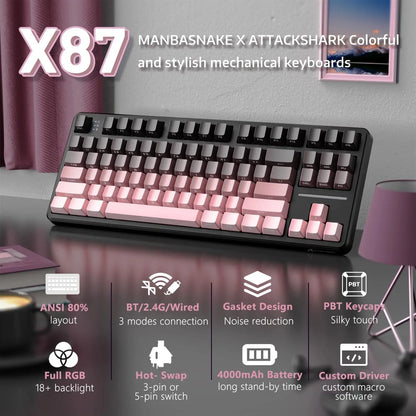 Attack Shark X87 Wireless Mechanical Keyboard, Tri-Mode Hot Swappable Gasket Gaming Keyboard with RGB Backlit, Bluetooth 5.0/2.4GHz/USB-C TKL Mechanical Keyboard