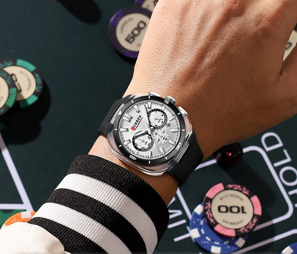 Montre pour homme CURREN – Nouveau modèle de luxe à quartz, bracelet en silicone, style sportif, multifonction, étanche, lumineuse, avec affichage de la date et chronomètre.