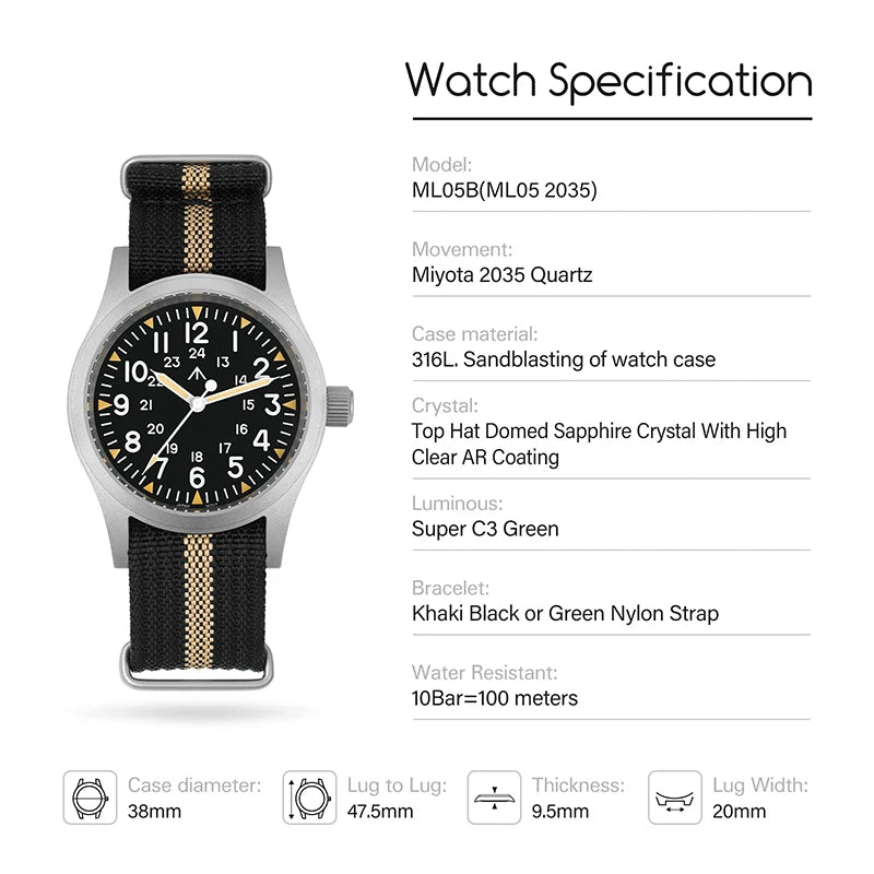 Militado ML05 38mm Military Watch Miyota 2035 Movement Domed Sapphire Crystal C3 Green Luminous 10Bar Waterproof Vintage Watches