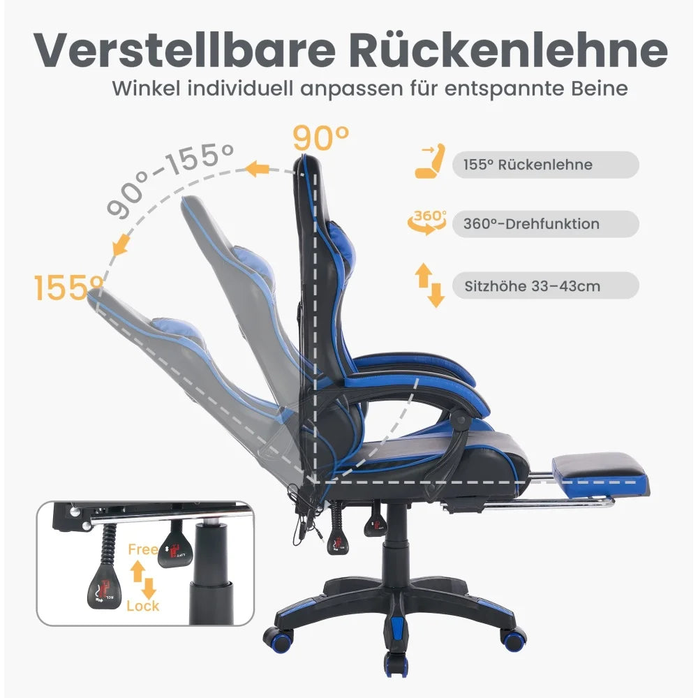Ergonomic Rotating Gaming Chair, 360 Reclining Office Chair °   Pivoting, Height-Adjustable, Footrest, Headrest