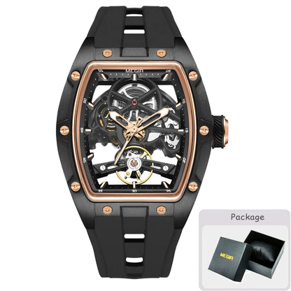 Reloj mecánico para hombre MEGIR, forma de barril, esfera esqueletizada calada, estilo deportivo, correa de silicona, reloj automático de lujo