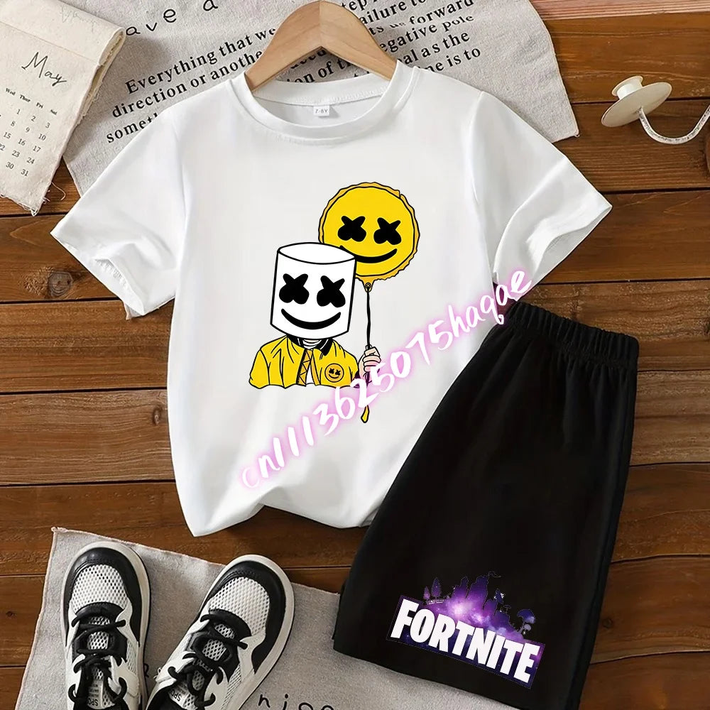 Летен комплект Fortnite с тениска и къси панталони за момчета и момичета, 2 части, детски дрехи с горнище, тениска и панталони, принт Fortress Night, подарък
