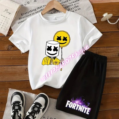 Летен комплект Fortnite с тениска и къси панталони за момчета и момичета, 2 части, детски дрехи с горнище, тениска и панталони, принт Fortress Night, подарък
