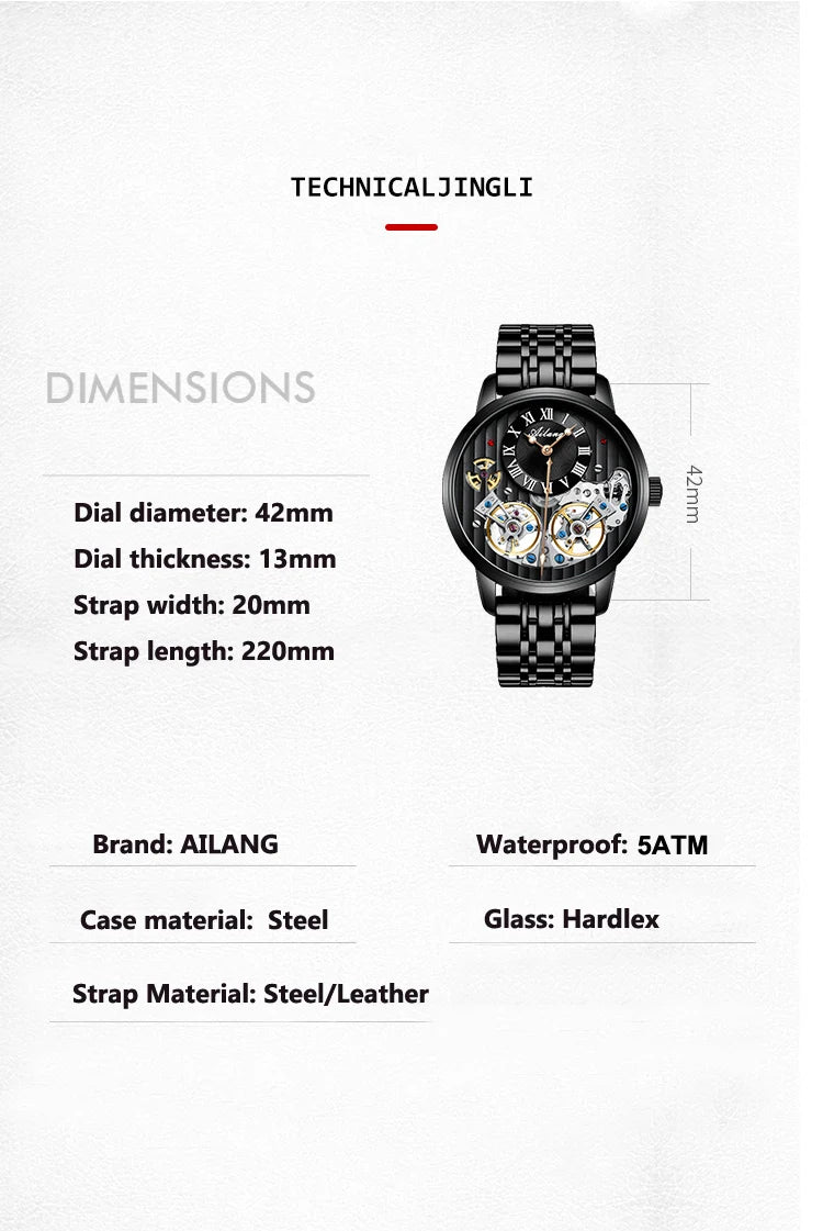AILANG Top Brand Luxury Watch Men Automatic Luminous Black Clock Men Double Tourbillon Waterproof Mechanical Watch Relogio