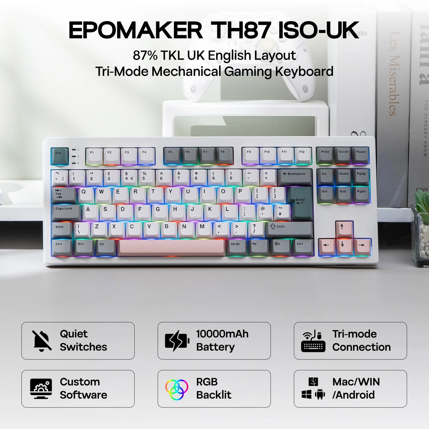 Layout ISO-UK EPOMAKER TH87 TKL Tastiera meccanica cablata/BT/wireless 2.4Ghz NKRO con batteria 10000mAh e illuminazione RGB