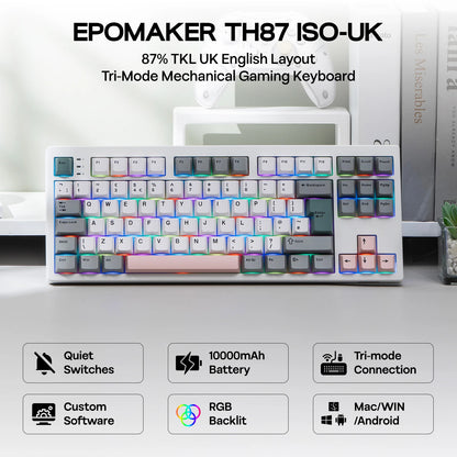 Layout ISO-UK EPOMAKER TH87 TKL Tastiera meccanica cablata/BT/wireless 2.4Ghz NKRO con batteria 10000mAh e illuminazione RGB
