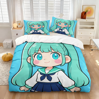 Komplet posteljnine Hatsune Miku v slogu chibi – simpatična anime posteljnina z vzglavniki za igralno sobo, dekoracija za otroško in najstniško spalnico, darilo za oboževalce
