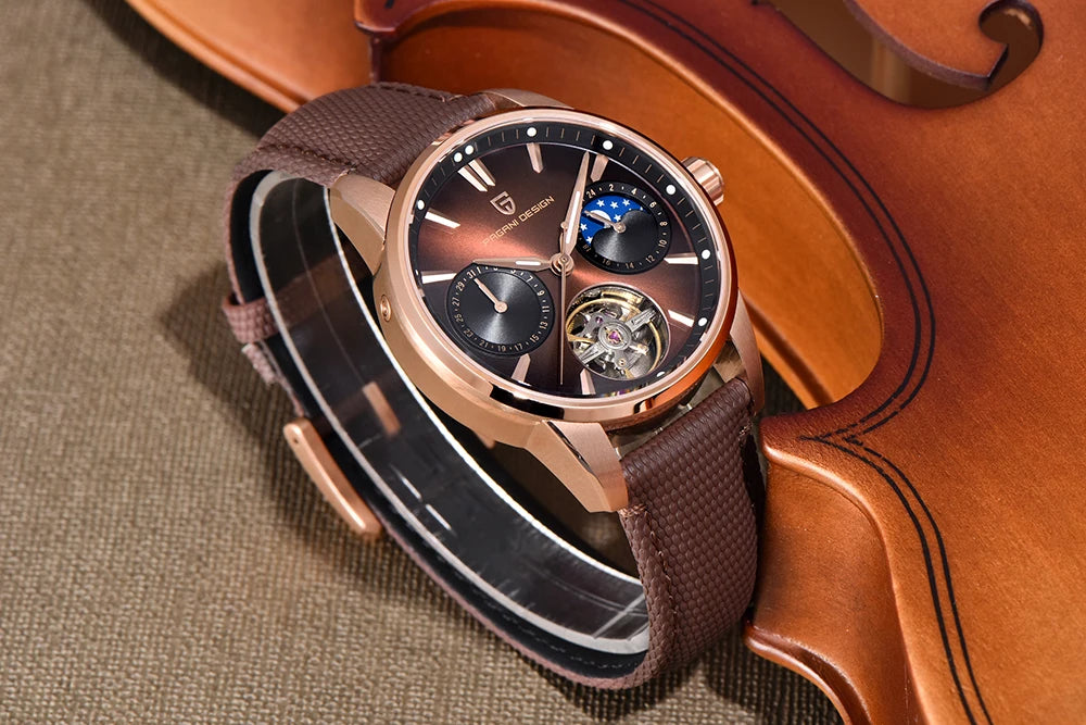PAGANI DESIGN – Mechanische Luxusuhr für Herren, 41 mm, Saphirglas, Lederarmband, wasserdicht, Pilotenstil, mit Tourbillon und Mondphase