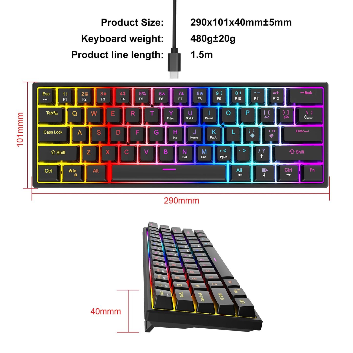 61 Keys Mini Mechanical Keyboard K61 RGB 60% Portable Wired Ergonomic Esports Gaming Keyboard for Computer Laptop Gamer Office