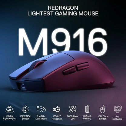 Ασύρματο Gaming Ποντίκι Redragon M916, 49G Εξαιρετικά Ελαφρύ Ασύρματο Gaming Ποντίκι 8K DPI 2.4G με Εργονομική Κατασκευή για Φυσικό Κράτημα