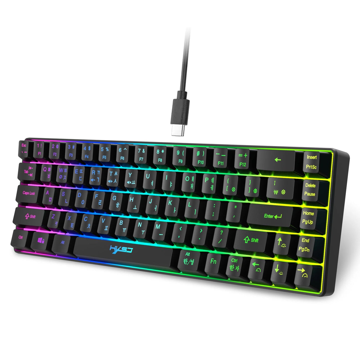 Portable HXSJ V200 68-key Korean gaming Keyboard, 65% RGB Backlit Wired office membrane Keyboard for Desktop PC and Laptops