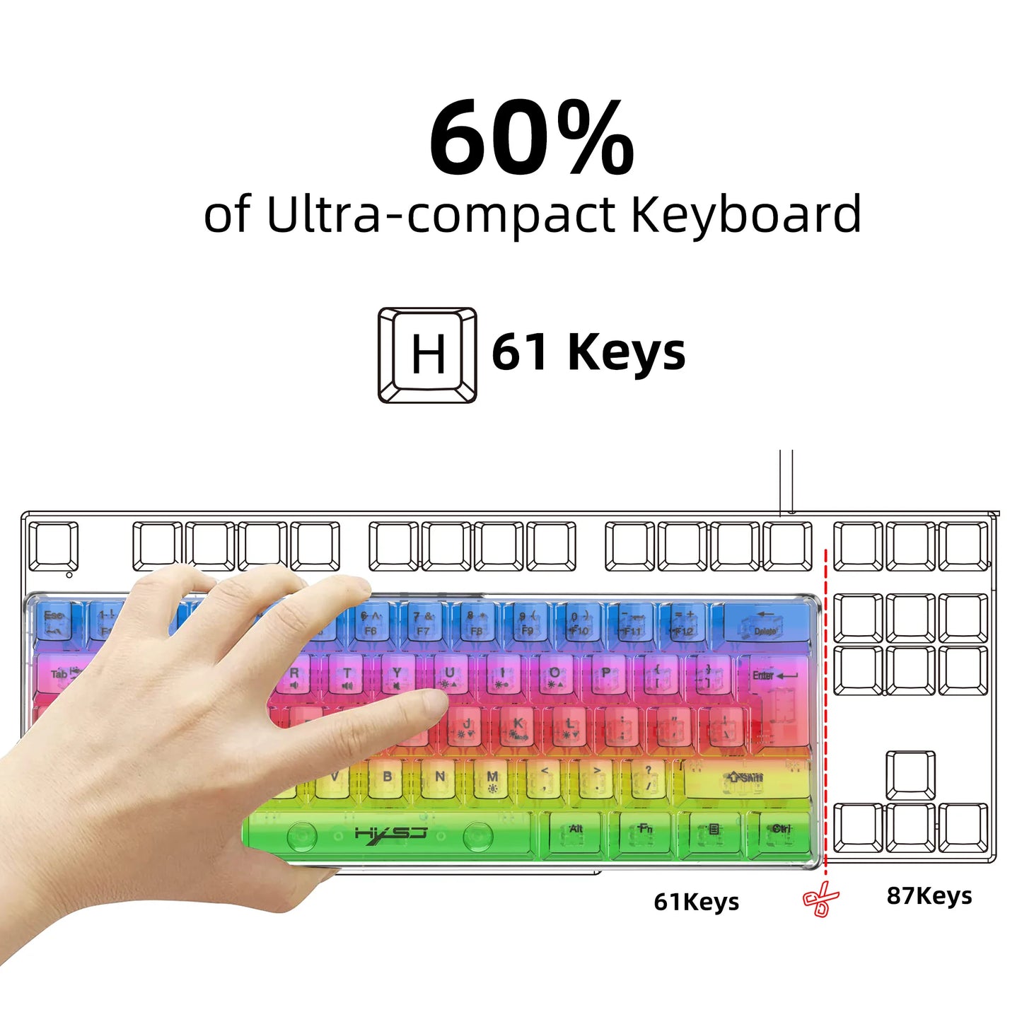 Teclado gaming transparente con cable HXSJ 60%, retroiluminación RGB, ultracompacto, resistente al agua, teclado compacto pequeño de 61 teclas para PC/Mac