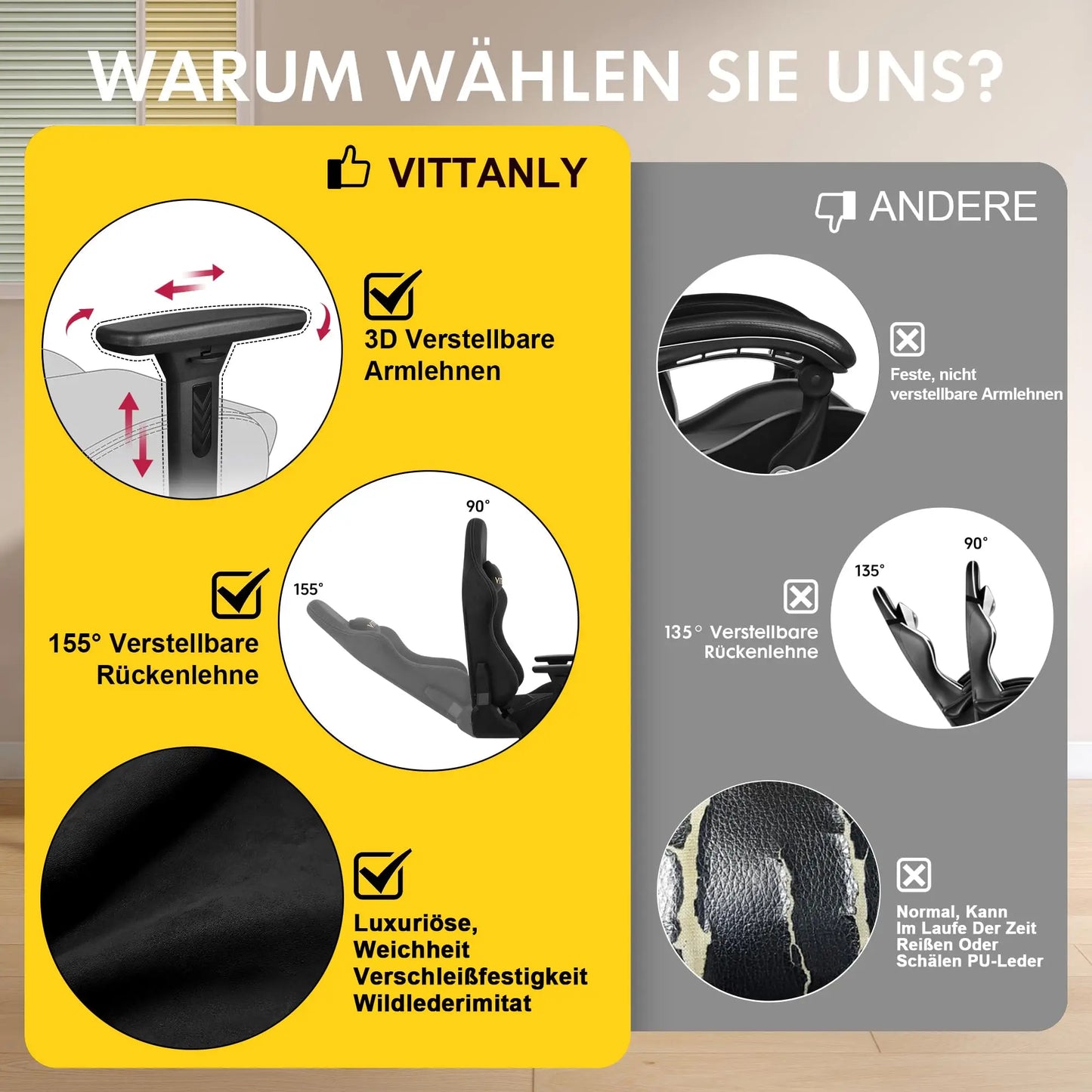 Vittanly Gaming Chair Ergonomic Office Chair with Footrest, Breathable Fabric Adjustable Rotating Computer Chair with 3D Armrests for Gaming & Work