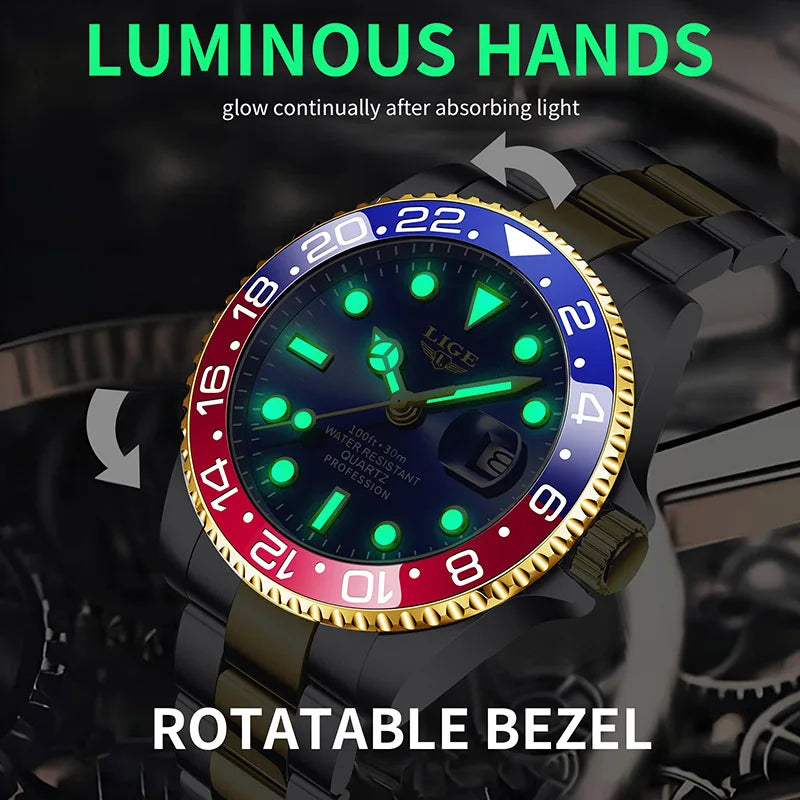 LIGE Men’s Luxury Quartz Watch  Stainless Steel, Luminous Dial, Waterproof & Business Design