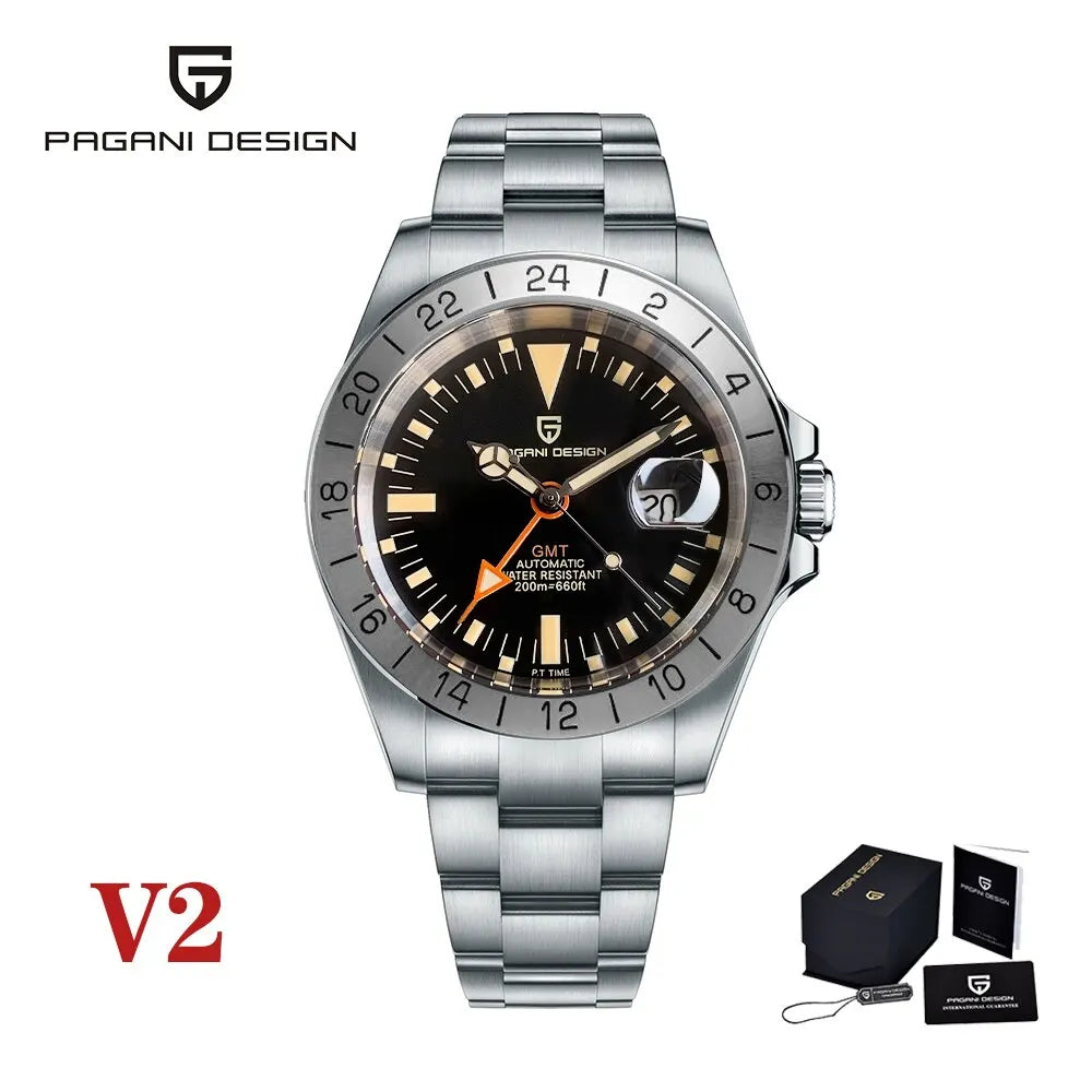PAGANI DESIGN 2025 New Men's Automatic Mechanical Watch GMT Classic Retro Stainless Steel 200m Water Resistant Men's Wristwatch