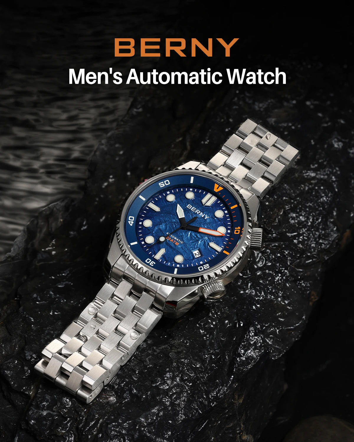 BERNY Automatic Diver Watch for Men Top Luxury Sapphire 316L Steel Blue Dial 200M Waterproof Mechanical Diving Men's Watches