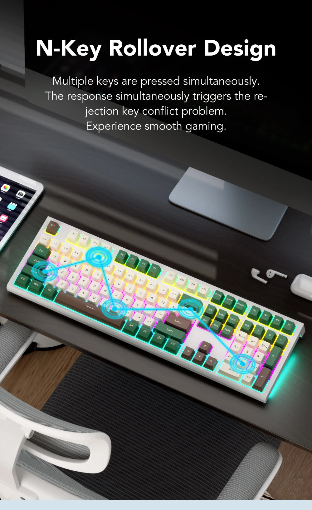 Tastiera meccanica da gaming cablata a 108 tasti con retroilluminazione RGB | Chip da gaming | Bassa latenza | Anti-ghosting | per gamer PC Win/Mac