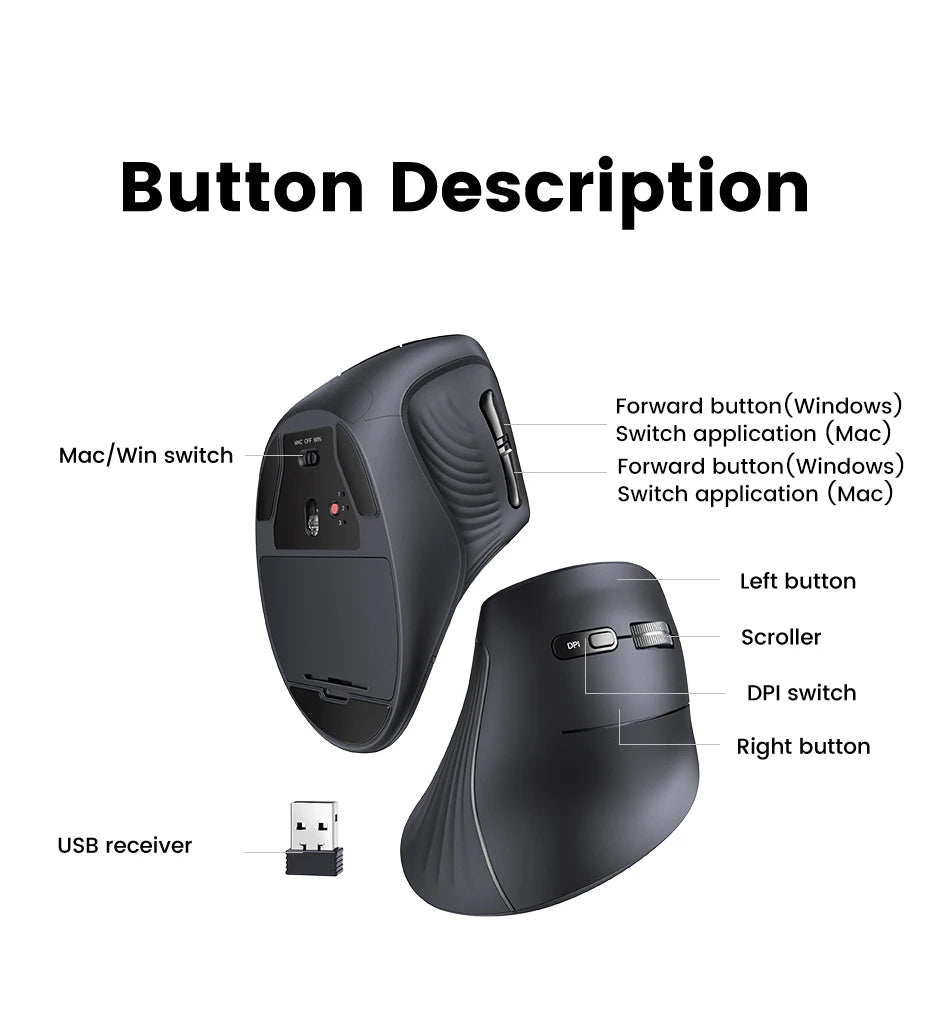 UGREEN Vertical Mouse Wireless Bluetooth 5.0 2.4G Ergonomic 4000DPI 6 Mute Buttons for MacBook Tablet Laptops Computer PC Mice