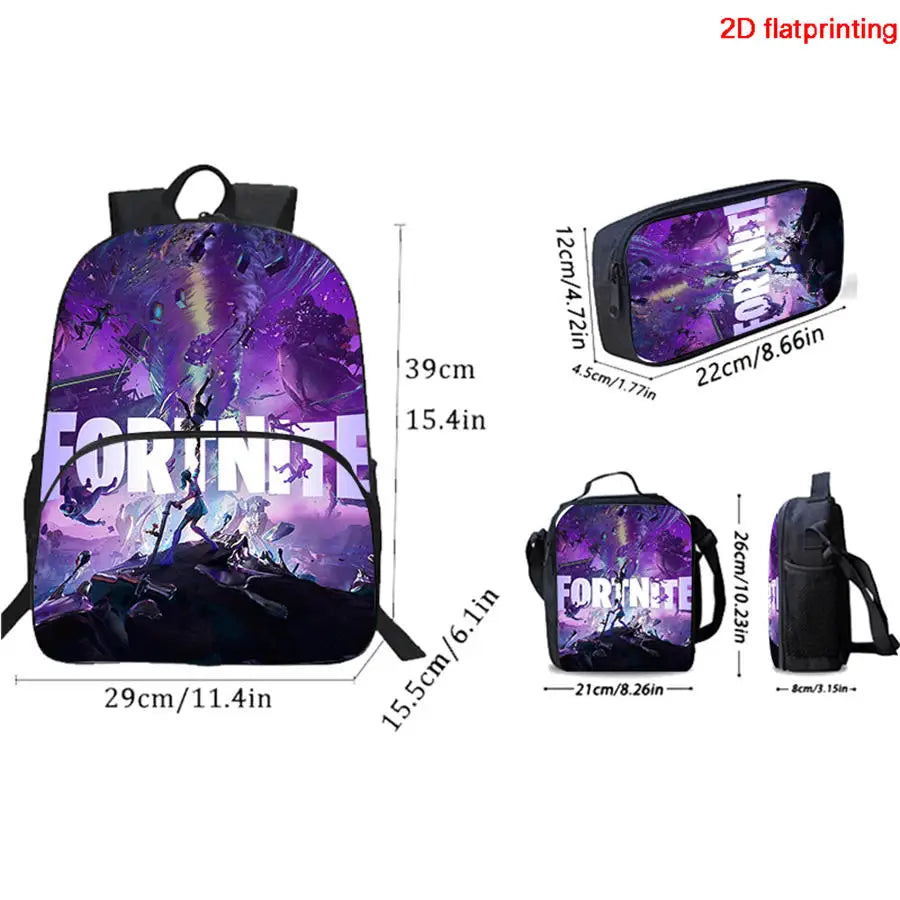 3-teiliges FORTNITE Cartoon-Schulset mit leichtem Rucksack, Fronttasche, Lunchbox und Federmäppchen für Kinder von 5-9 Jahren + kostenloser 3D-gedruckter Schlüsselanhänger