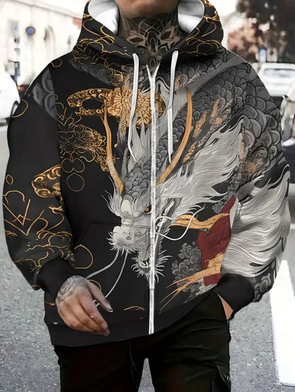 Herren-Kapuzenhoodie mit Drachenprint und Reißverschluss, für Outdoor-Aktivitäten und Reisen, mit Kordelzug, langärmelig, Herbst/Winter, Oversize-Sweatshirt für Männer