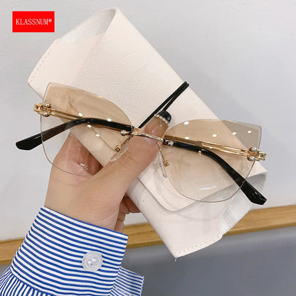KLASSNUM Vintage Rimless Sunglasses Women Men Cat Eye Gradient Lens Sun Glasses UV400 Shades Protection Goggles for Party Xmas