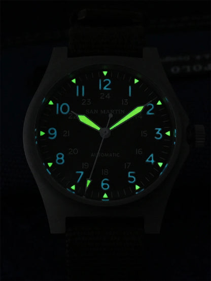 San Martin Pilot Watch 38mm NH35 Retro Military Automatic Mechanical Wristwatch Bead Blasted Case Waterproof 100m SN0137
