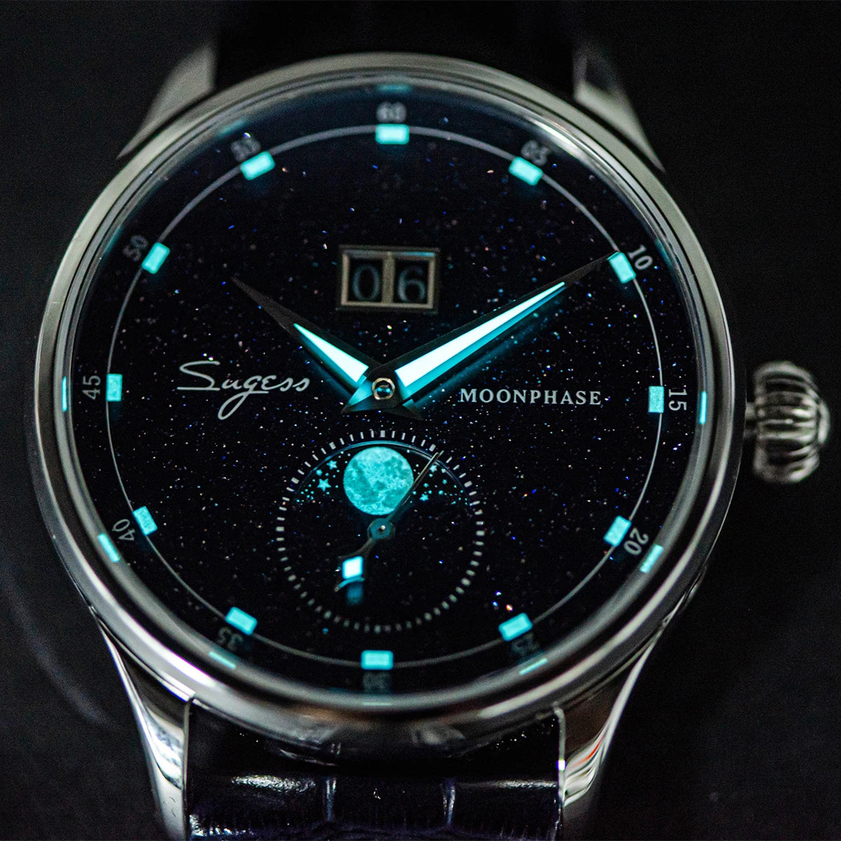 Sugess 2022 Luxury Man Watch Moonphase Blue GoldStone Dial Tianjin 2528 Movement Stainless Steel Starry Sky Limited Edition V3