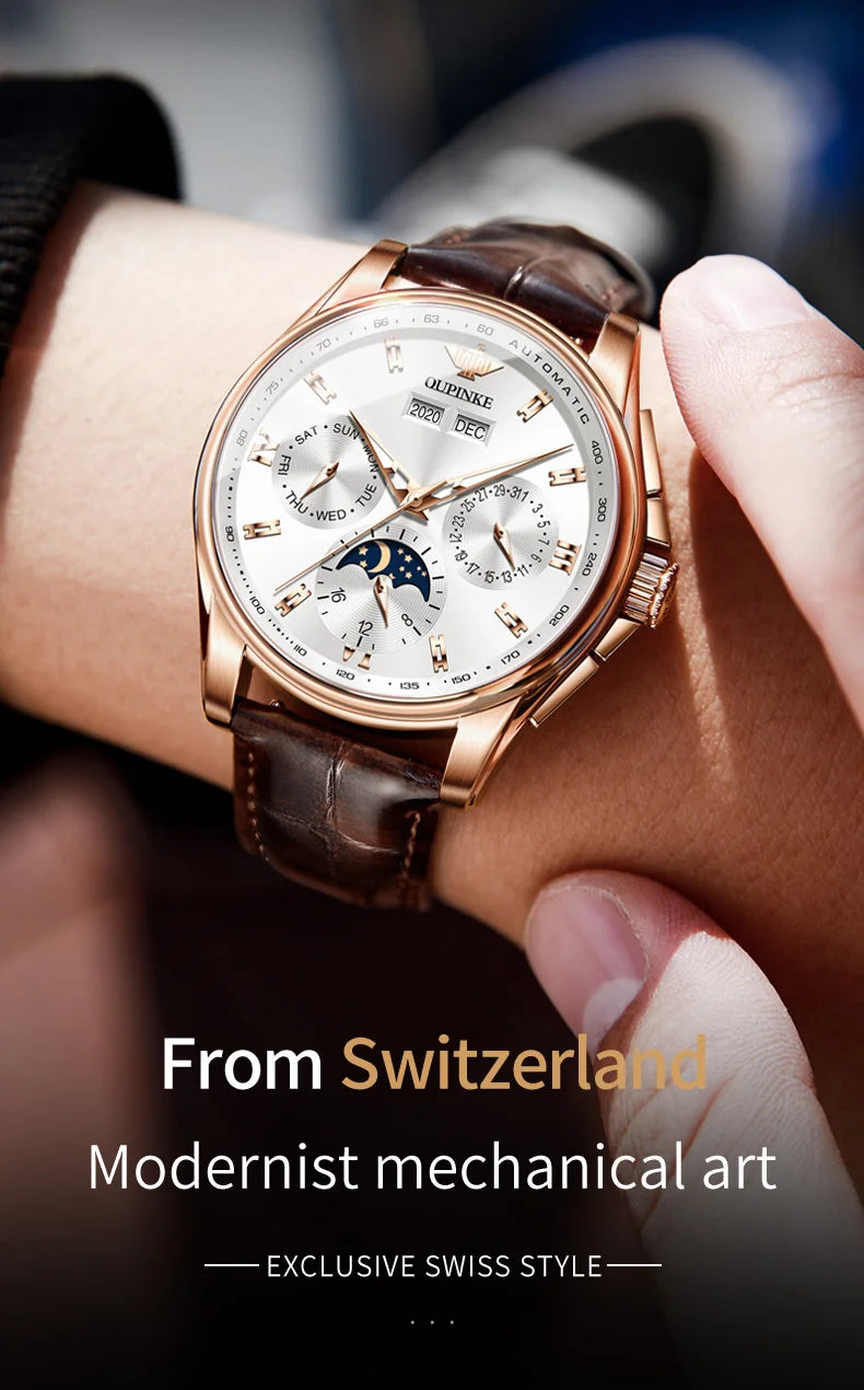 OUPINKE 3189 Classic Men's Watch Leather Strap Waterproof Moon phase Top Brand Automatic Mechanical Men's Wristwatch