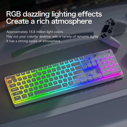 Freewolf M104 Tri-Mode Wireless Keyboard RGB 104 Keys Ultra Slim Quiet Membrane 4000mAh Large Battery for Office&Home
