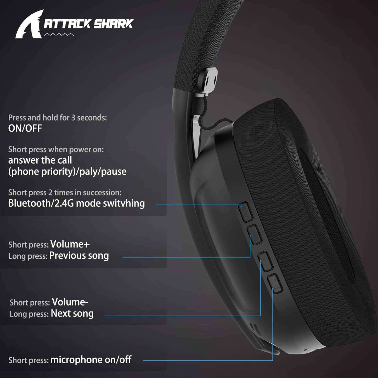 Cuffie gaming ATTACK SHARK L80 ultra leggere 180g – Wireless tri-mode (Bluetooth 5.3 / 2.4G / cablate), audio surround 5.1, driver da 40mm, microfono rimovibile