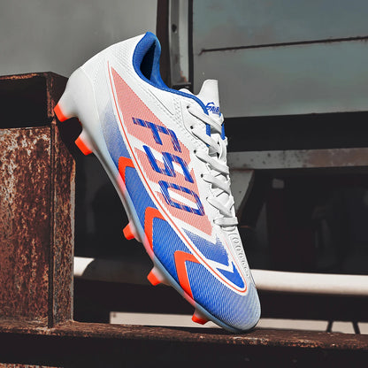 Chaussures de football pour adultes, modèle AG FG, avec crampons longs renforcés, empeigne respirante en PU, chaussures de football unisexes pour matchs sur gazon synthétique.